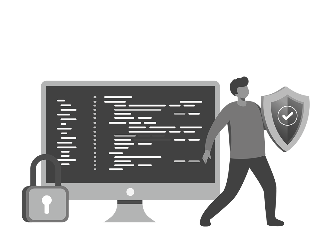 Illustration of a consultant holding a security shield beside a monitor and a padlock