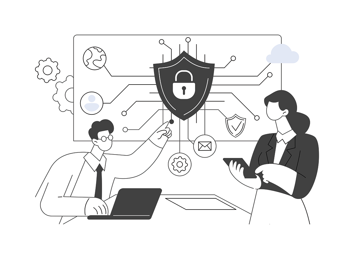 Illustration of two people reviewing a security architecture diagram